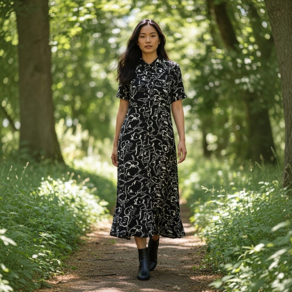 MELLODAY Black & White Floral‎ Abstract Print Midi Shirt Rayon-Linen Blend Dress